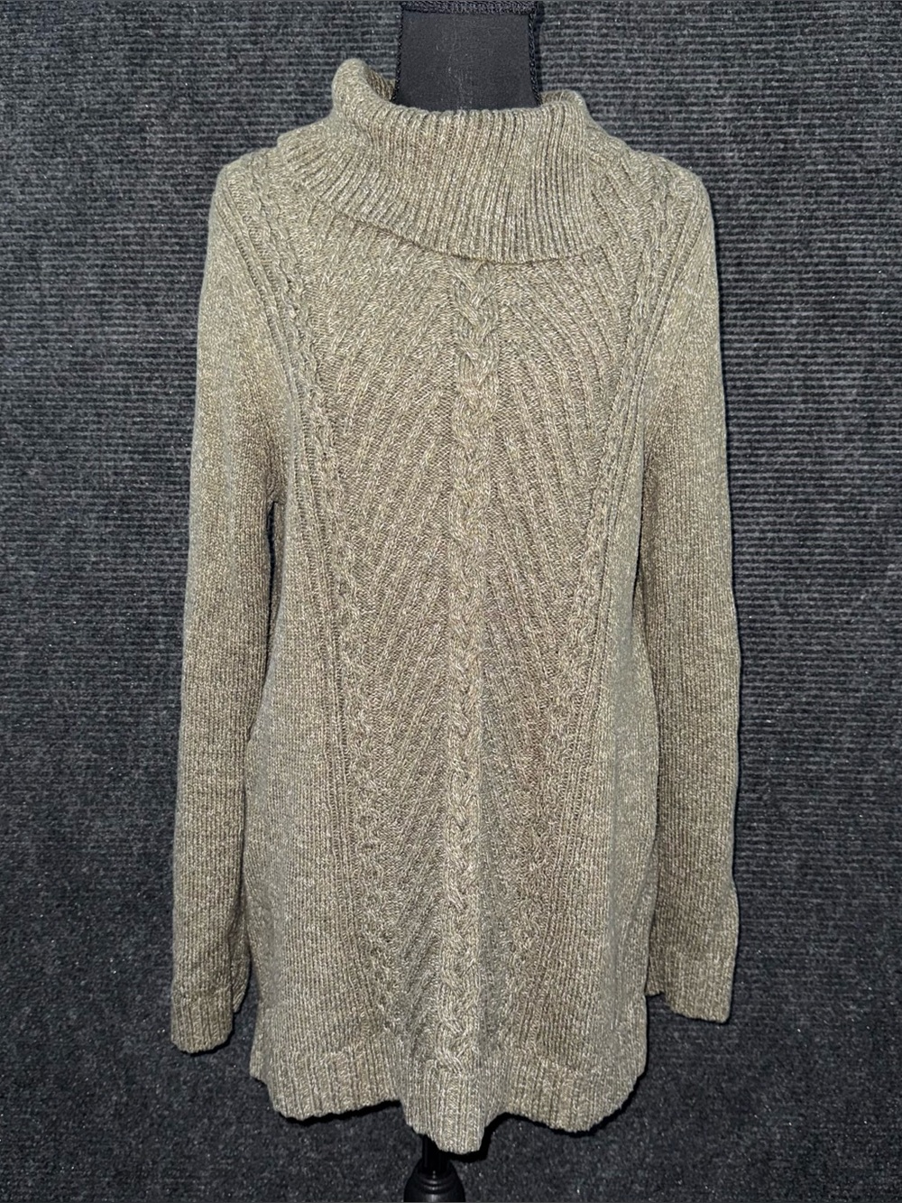 TALBOTS Women's Medium Green Cable Cotton Split Cowl Neck Sweater Long Sleeves